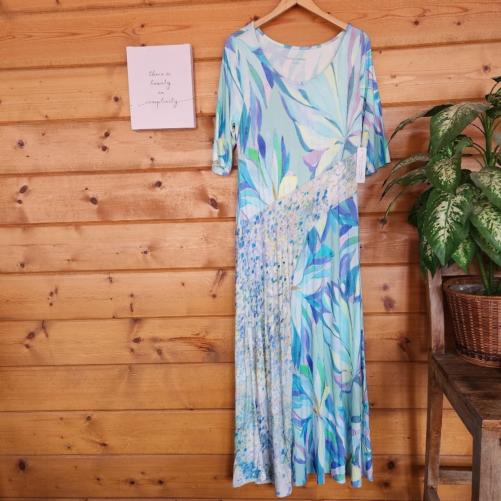 Soft Surroundings NWT Stella Maxi Dress Painter Blue‎ Stretch Jersey Floral Sz L